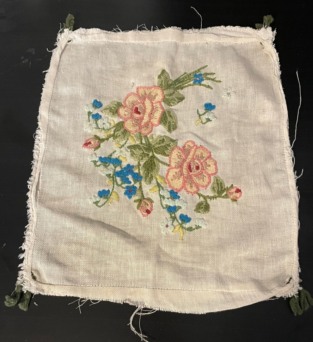 Vintage Handmade Embroidered Linen Floral Pillow Front Panel Cottagecore 60s
